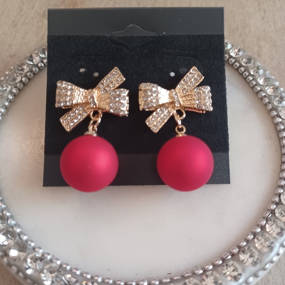 Red and Gold Holiday Christmas Bow Rhinestone Dangle Drop Earrings - Picture 7 of 11